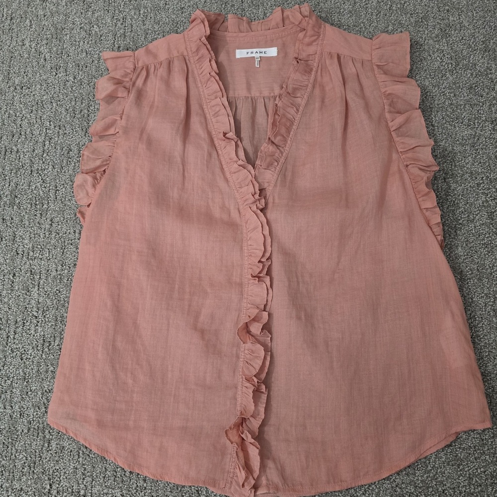 FRAME Bright Terracotta Ramie Ruffle Sleeveless Blouse Top Size S Boho Romantic